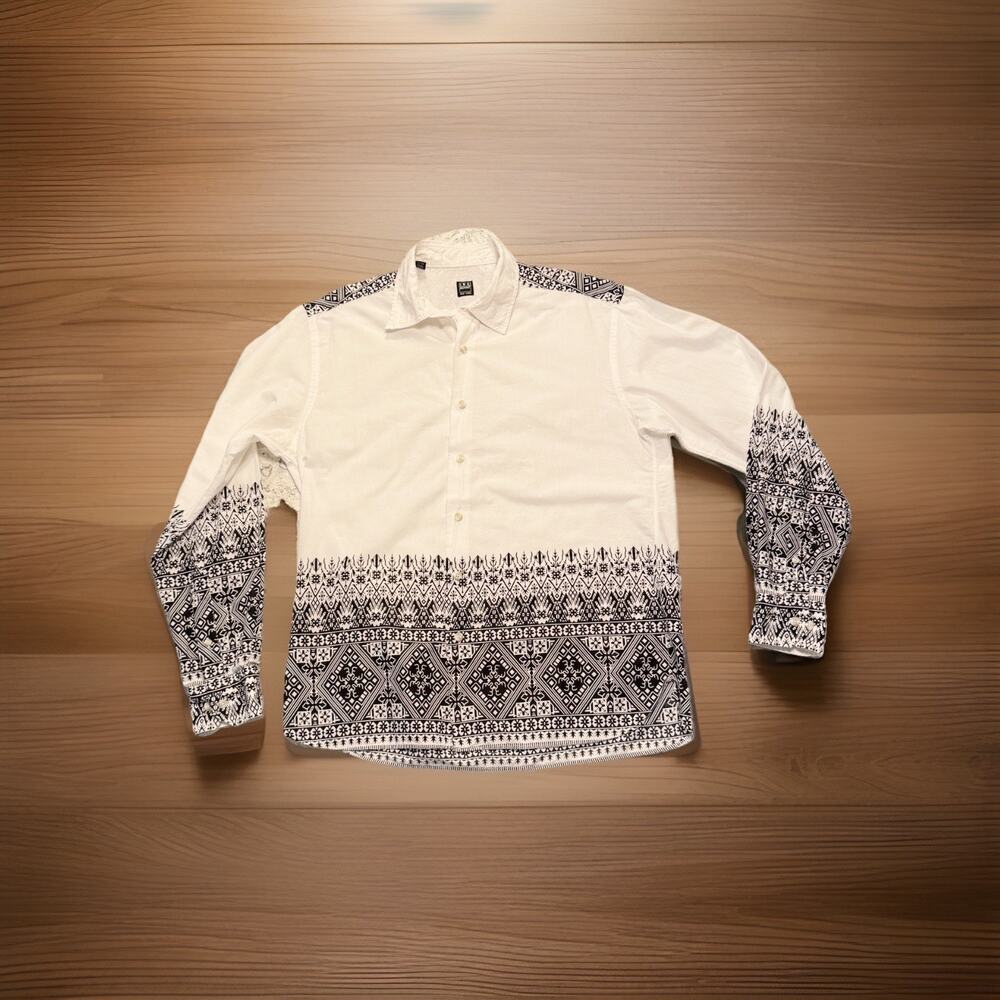 IKE BEHAR Casual Shirt Size Large White Black Cotton Long Sleeve Made In Peru